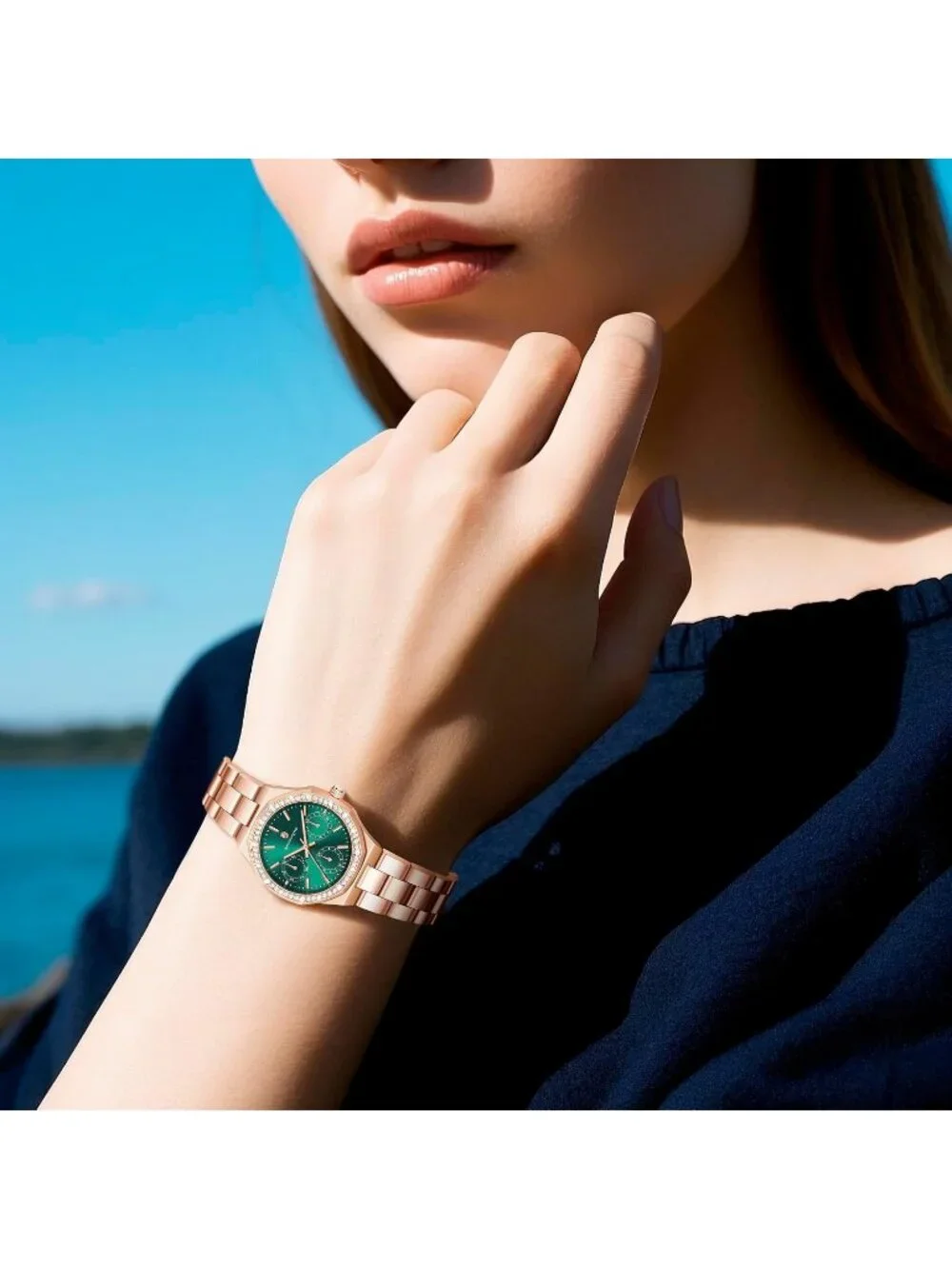 Women's Rose Gold Strap/ Green Round Face Analog Waterproof Elegant Wrist Watch